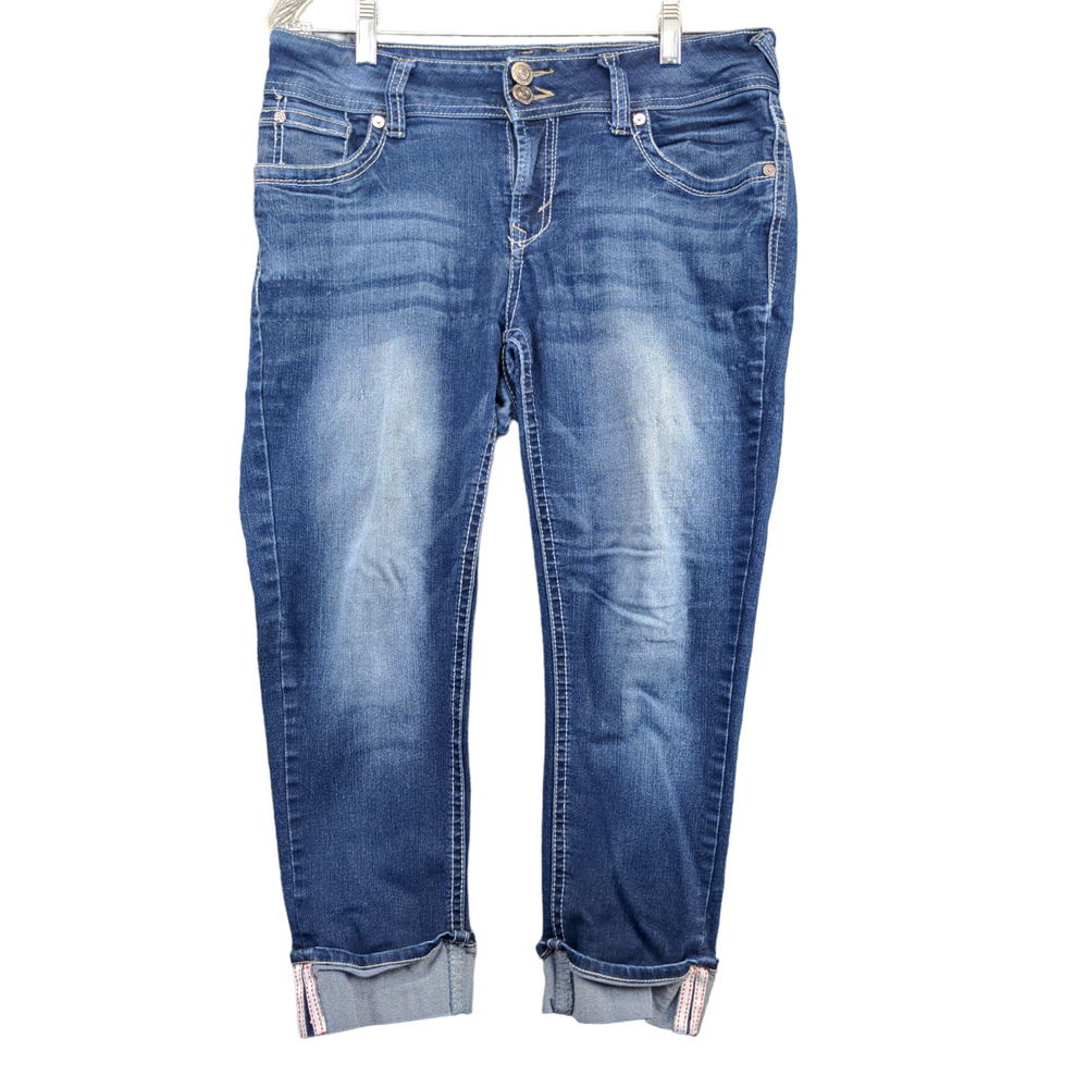 WallFlower Womens Cuffed Cropped Jeans Blue Size 11 Faded Whiskers 2-Button